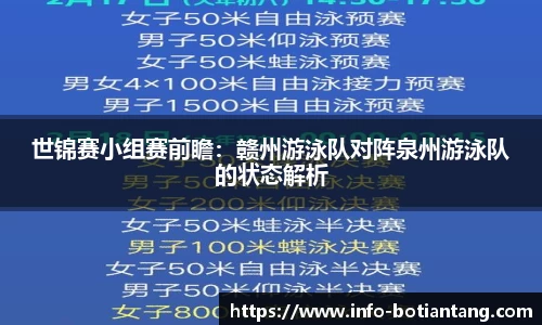 世锦赛小组赛前瞻：赣州游泳队对阵泉州游泳队的状态解析